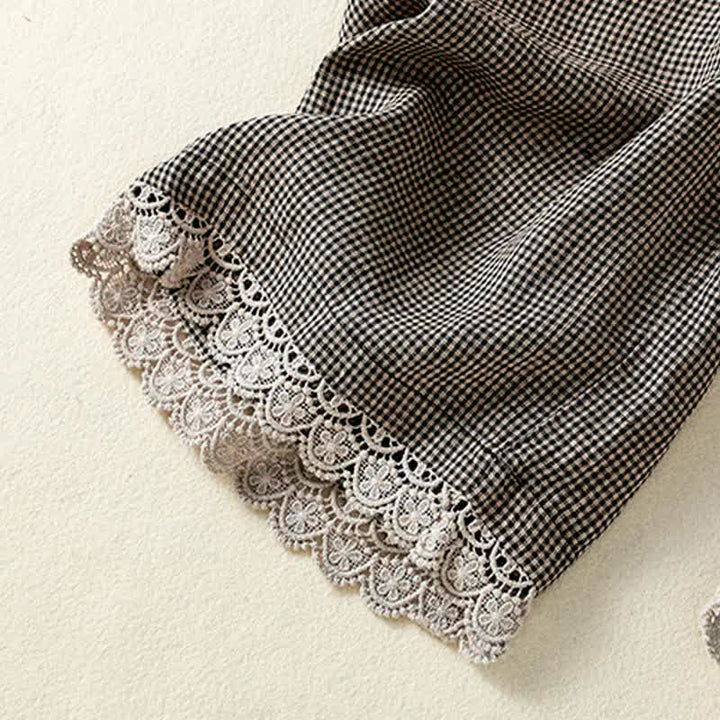 Buddha Stones Lässige Sommerhose aus kariertem Leinen mit Kordelzug und weitem Bein, Damenhose mit Tasche - image 8