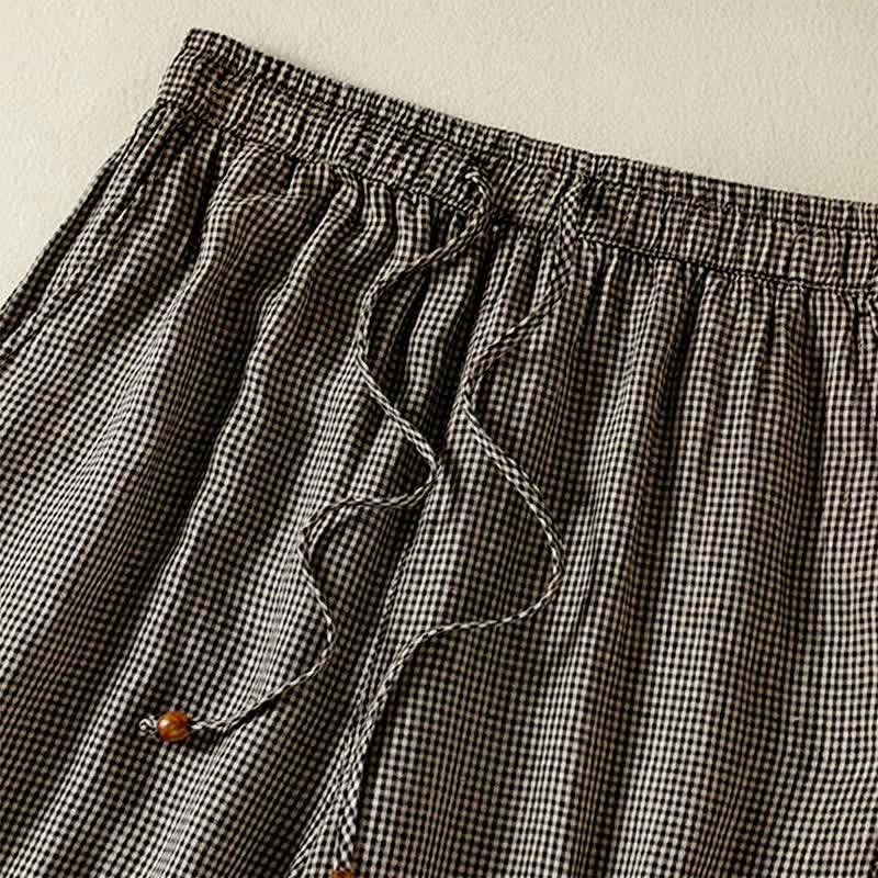 Buddha Stones Lässige Sommerhose aus kariertem Leinen mit Kordelzug und weitem Bein, Damenhose mit Tasche - image 3