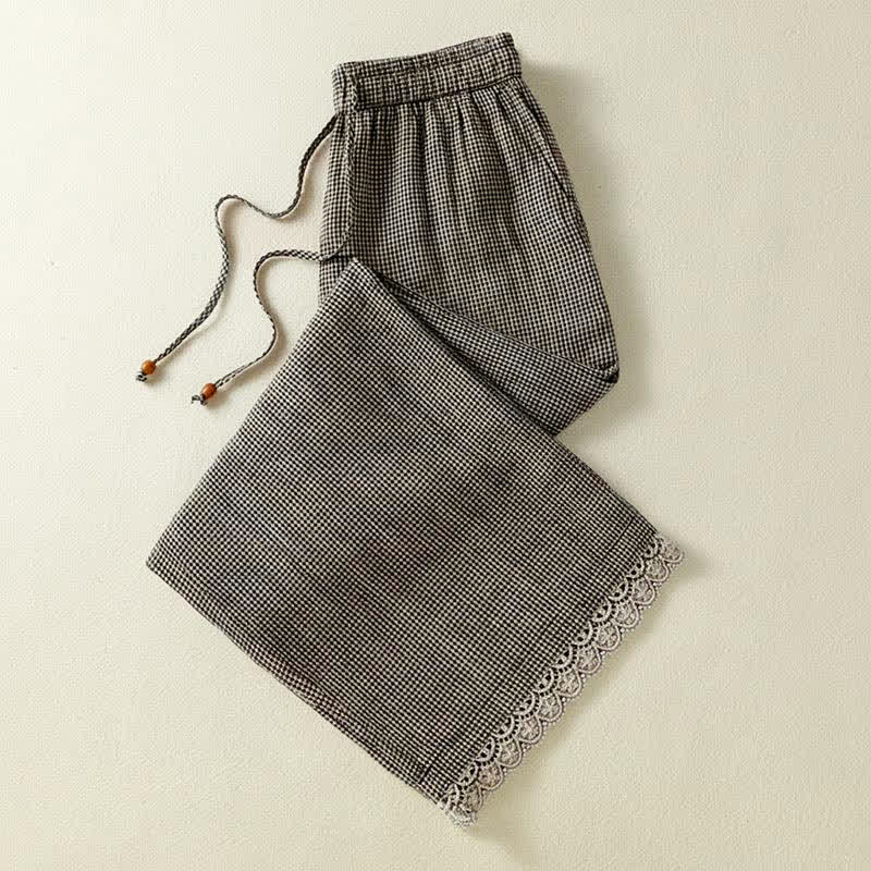 Buddha Stones Lässige Sommerhose aus kariertem Leinen mit Kordelzug und weitem Bein, Damenhose mit Tasche - image 2