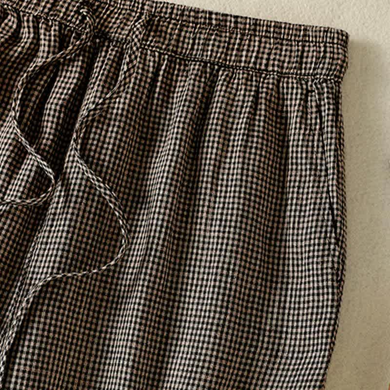 Buddha Stones Lässige Sommerhose aus kariertem Leinen mit Kordelzug und weitem Bein, Damenhose mit Tasche - image 7