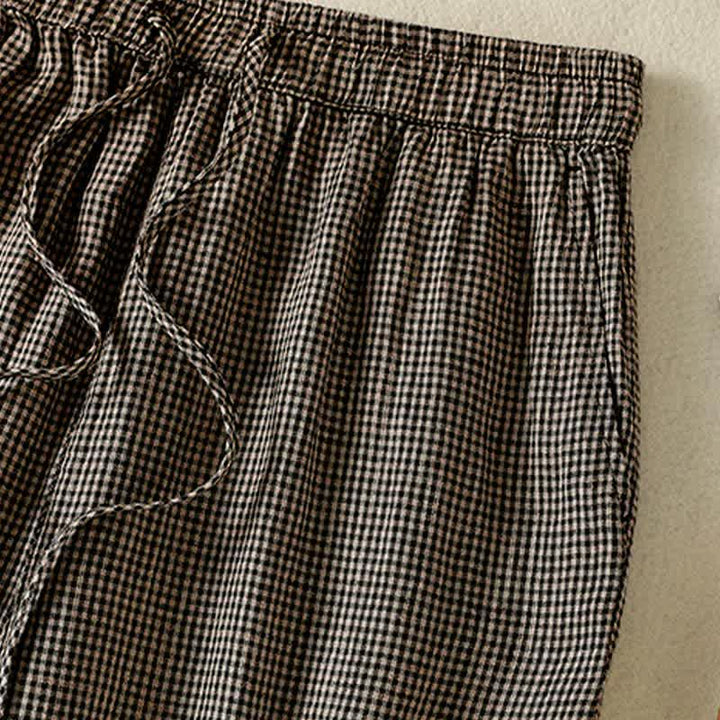 Buddha Stones Lässige Sommerhose aus kariertem Leinen mit Kordelzug und weitem Bein, Damenhose mit Tasche - image 7