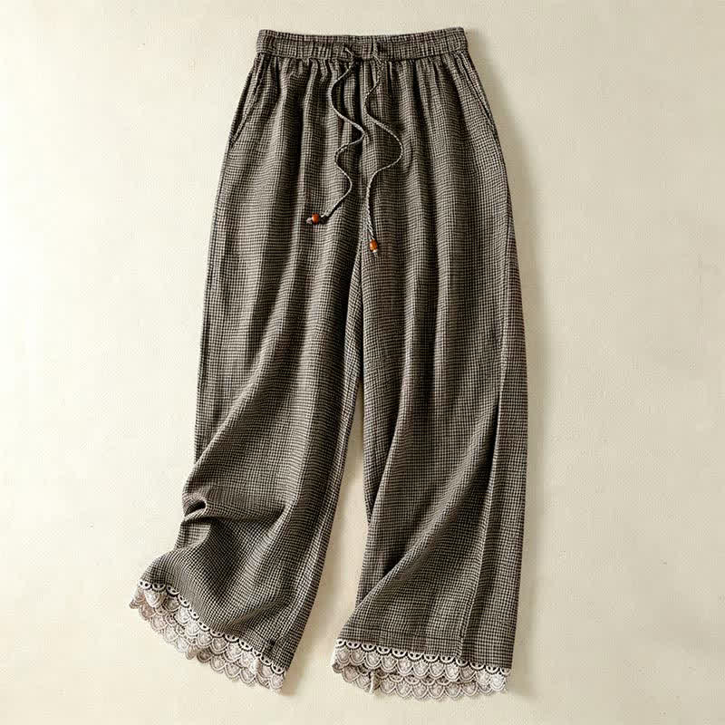 Buddha Stones Lässige Sommerhose aus kariertem Leinen mit Kordelzug und weitem Bein, Damenhose mit Tasche - Grau - US8-10, UK/AU12-14, EU40-42 (2XL) - image 0