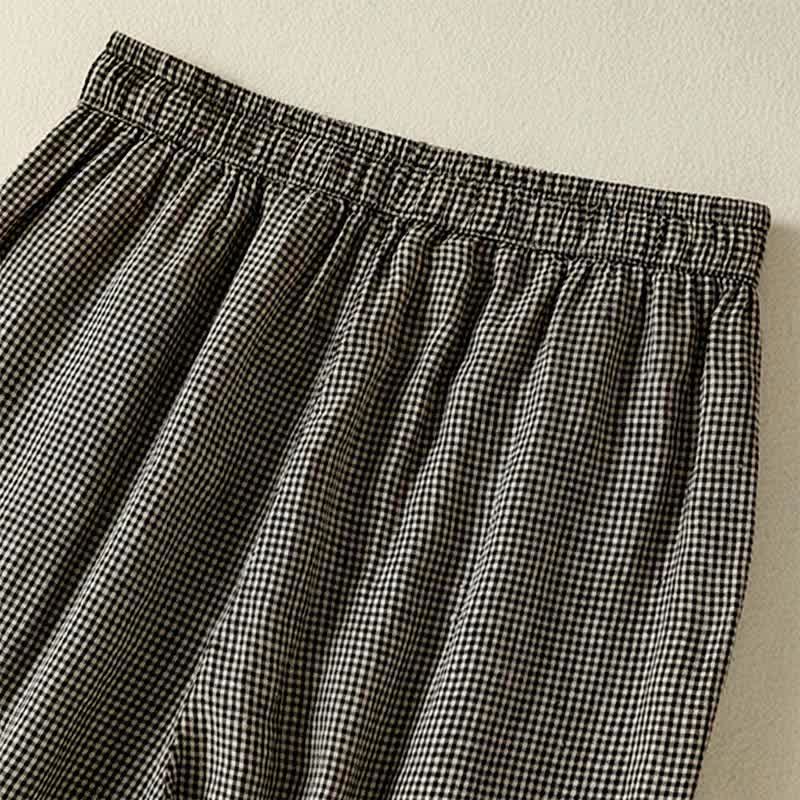 Buddha Stones Lässige Sommerhose aus kariertem Leinen mit Kordelzug und weitem Bein, Damenhose mit Tasche - image 10