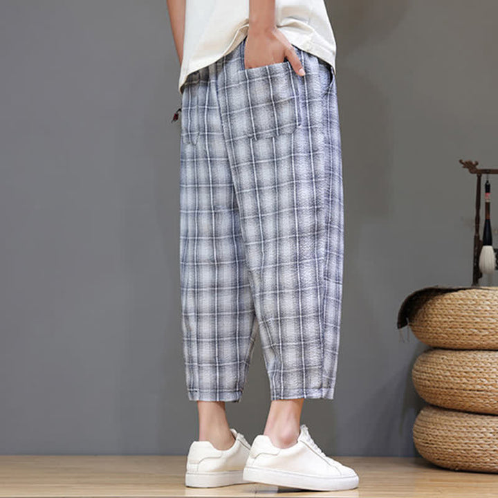 Buddha Stones Lässige Sommer-Caprihose mit Kordelzug und Karomuster, Herren-Haremshose mit Taschen - image 2
