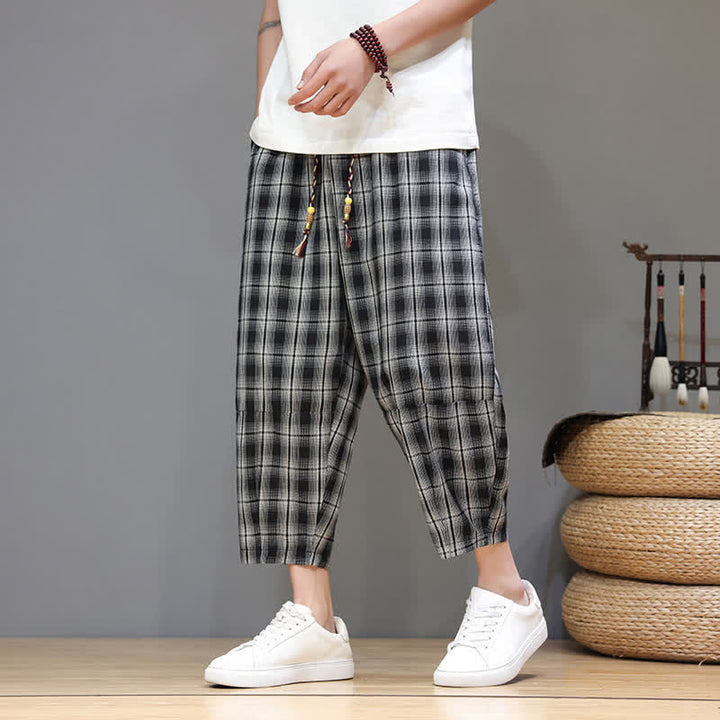 Buddha Stones Lässige Sommer-Caprihose mit Kordelzug und Karomuster, Herren-Haremshose mit Taschen - Schwarz - US/UK/AU46, EU56 (5XL) - image 8