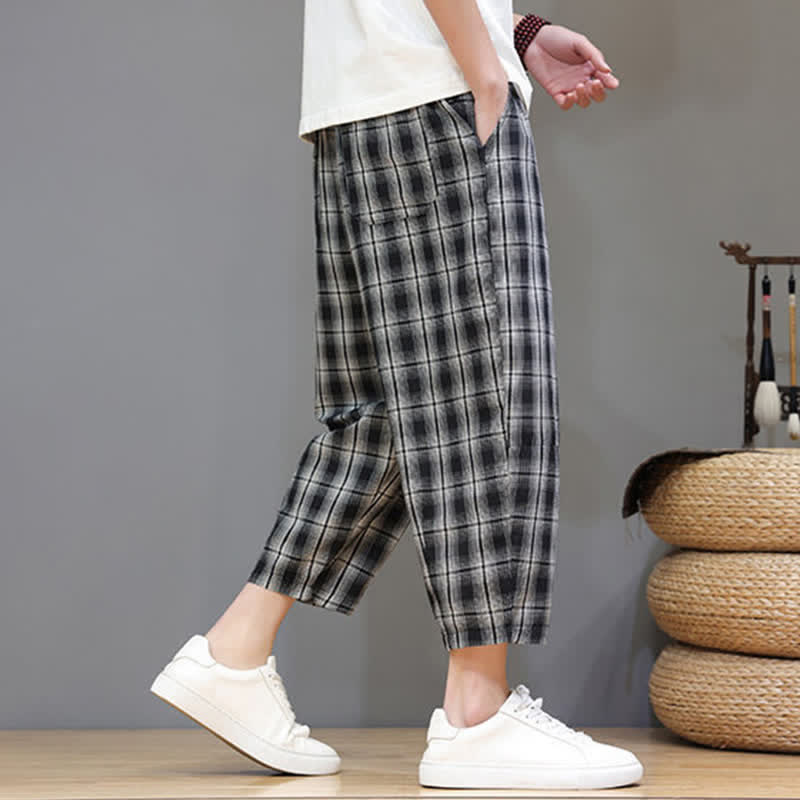 Buddha Stones Lässige Sommer-Caprihose mit Kordelzug und Karomuster, Herren-Haremshose mit Taschen - image 13