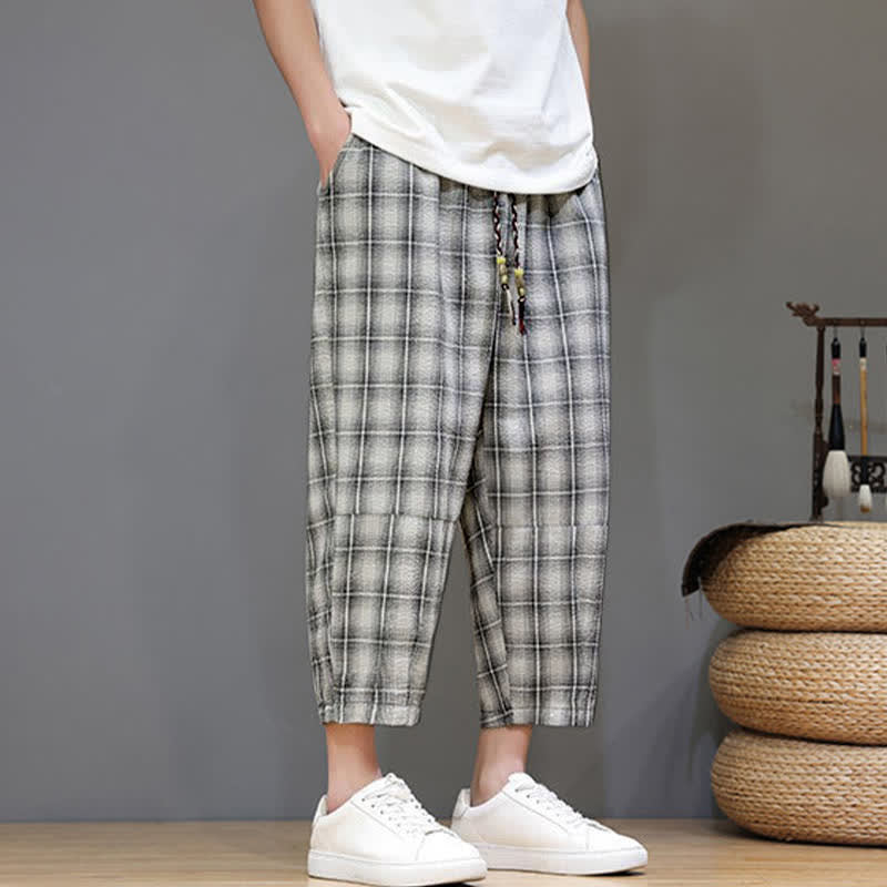 Buddha Stones Lässige Sommer-Caprihose mit Kordelzug und Karomuster, Herren-Haremshose mit Taschen - image 21