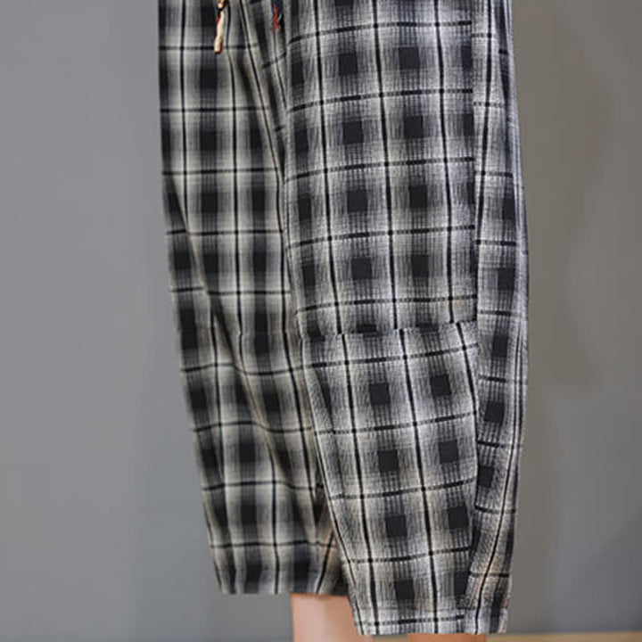 Buddha Stones Lässige Sommer-Caprihose mit Kordelzug und Karomuster, Herren-Haremshose mit Taschen - image 19