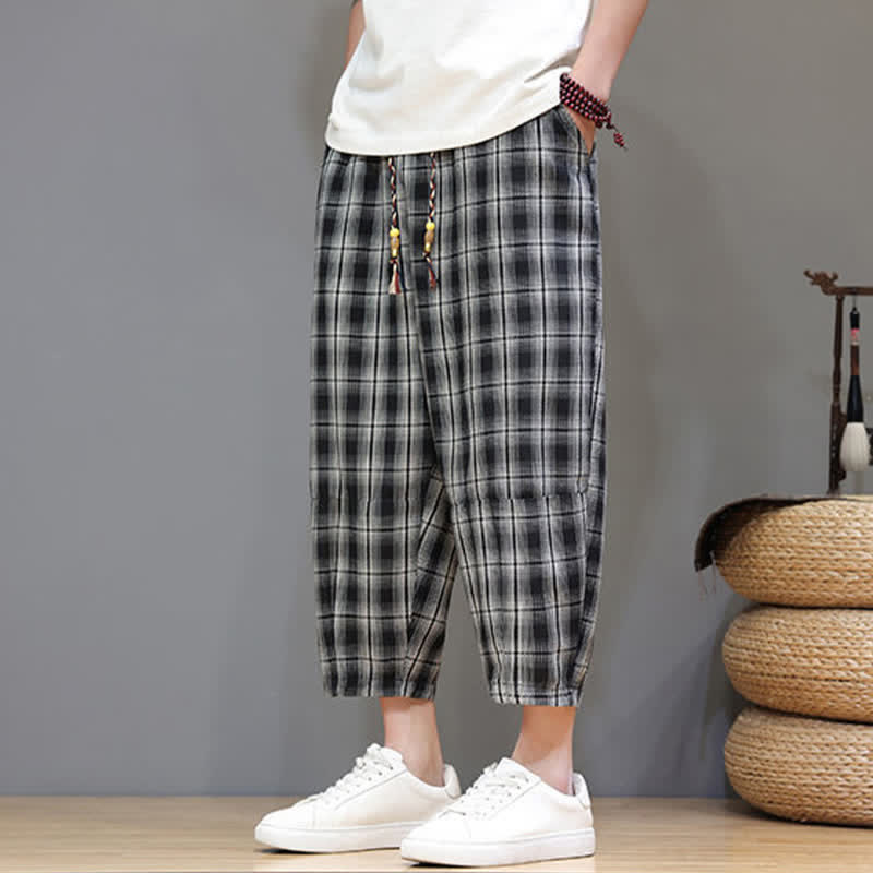 Buddha Stones Lässige Sommer-Caprihose mit Kordelzug und Karomuster, Herren-Haremshose mit Taschen - image 11