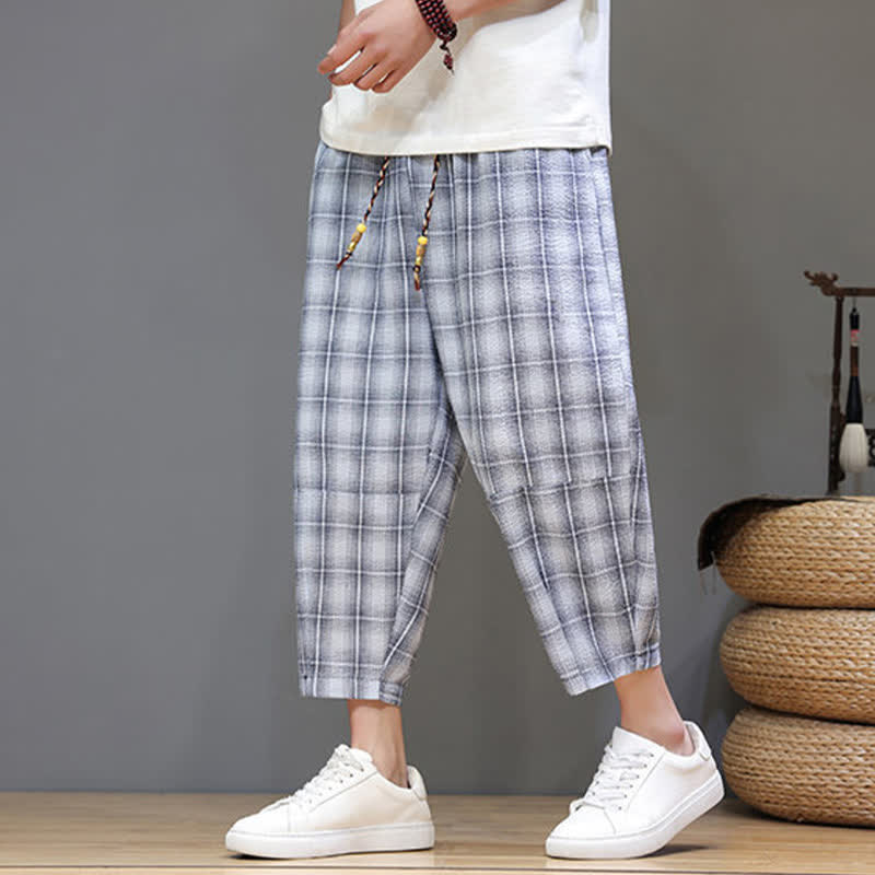 Buddha Stones Lässige Sommer-Caprihose mit Kordelzug und Karomuster, Herren-Haremshose mit Taschen - image 5