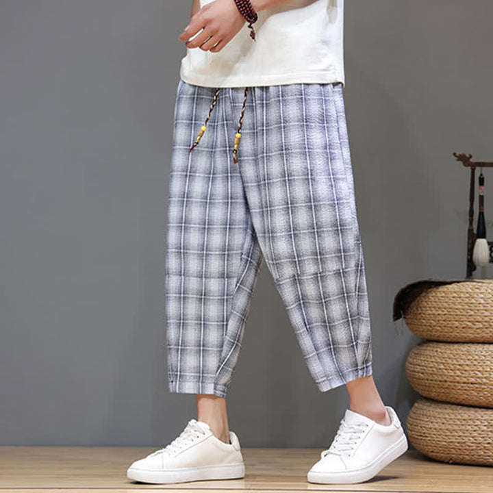 Buddha Stones Lässige Sommer-Caprihose mit Kordelzug und Karomuster, Herren-Haremshose mit Taschen - image 5