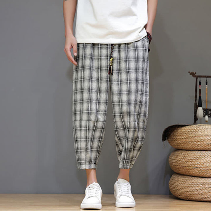 Buddha Stones Lässige Sommer-Caprihose mit Kordelzug und Karomuster, Herren-Haremshose mit Taschen - image 22