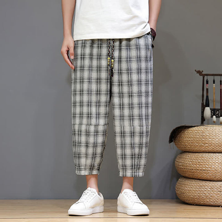 Buddha Stones Lässige Sommer-Caprihose mit Kordelzug und Karomuster, Herren-Haremshose mit Taschen - image 24