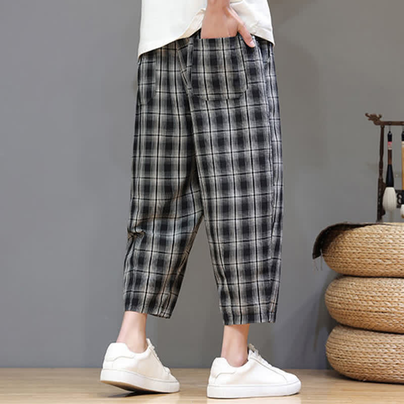 Buddha Stones Lässige Sommer-Caprihose mit Kordelzug und Karomuster, Herren-Haremshose mit Taschen - image 10