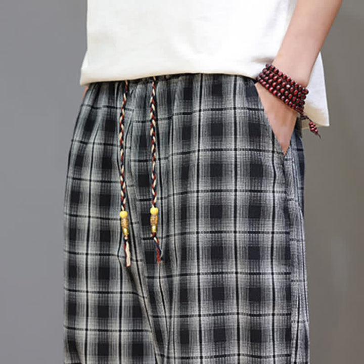 Buddha Stones Lässige Sommer-Caprihose mit Kordelzug und Karomuster, Herren-Haremshose mit Taschen - image 16