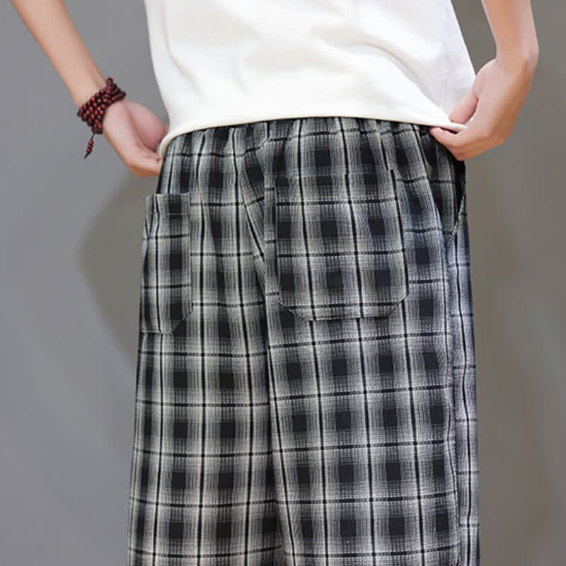 Buddha Stones Lässige Sommer-Caprihose mit Kordelzug und Karomuster, Herren-Haremshose mit Taschen - image 18