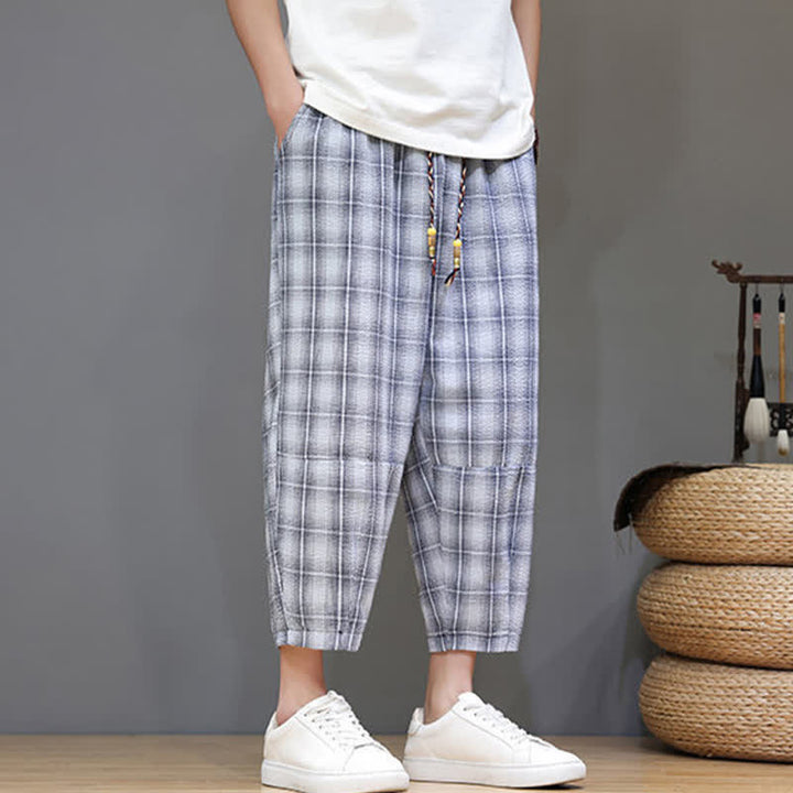 Buddha Stones Lässige Sommer-Caprihose mit Kordelzug und Karomuster, Herren-Haremshose mit Taschen - image 1