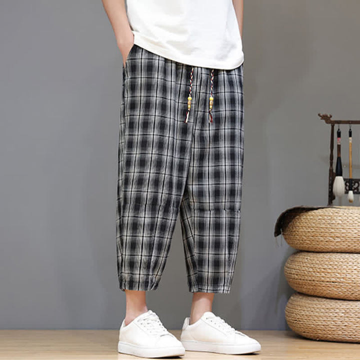 Buddha Stones Lässige Sommer-Caprihose mit Kordelzug und Karomuster, Herren-Haremshose mit Taschen - image 9
