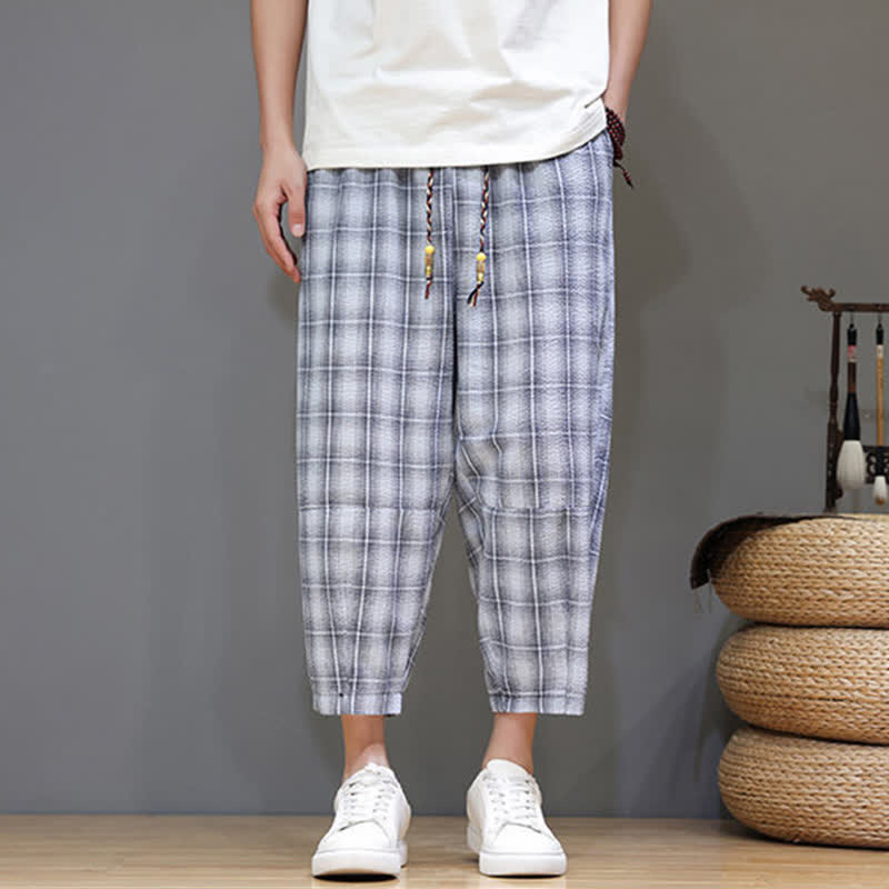 Buddha Stones Lässige Sommer-Caprihose mit Kordelzug und Karomuster, Herren-Haremshose mit Taschen - image 6