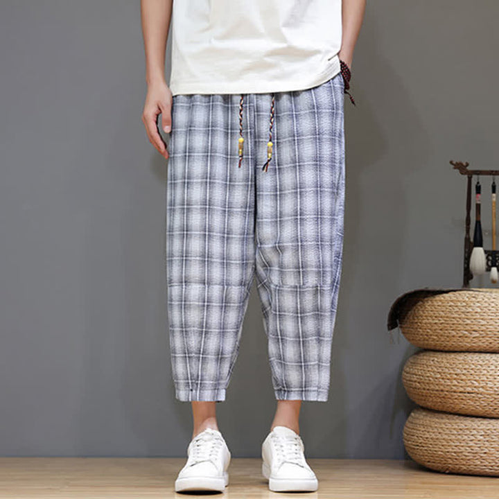 Buddha Stones Lässige Sommer-Caprihose mit Kordelzug und Karomuster, Herren-Haremshose mit Taschen - image 6