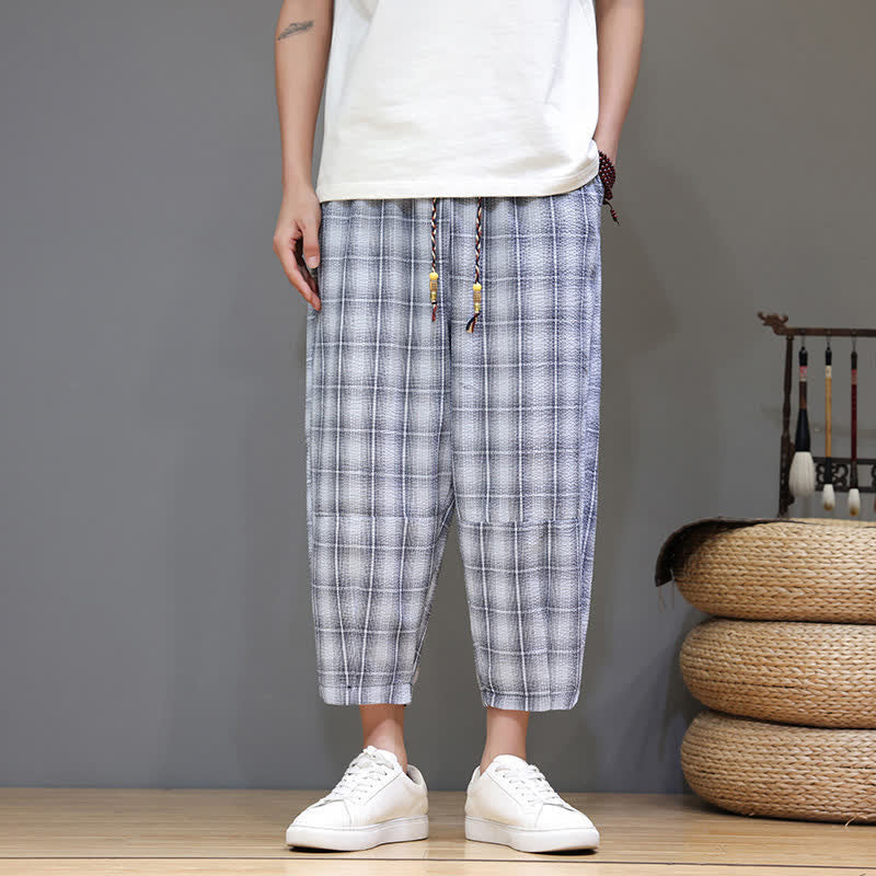 Buddha Stones Lässige Sommer-Caprihose mit Kordelzug und Karomuster, Herren-Haremshose mit Taschen - Hellstahlblau - US/UK/AU46, EU56 (5XL) - image 0