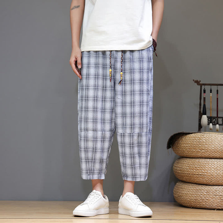 Buddha Stones Lässige Sommer-Caprihose mit Kordelzug und Karomuster, Herren-Haremshose mit Taschen - Hellstahlblau - US/UK/AU46, EU56 (5XL) - image 0