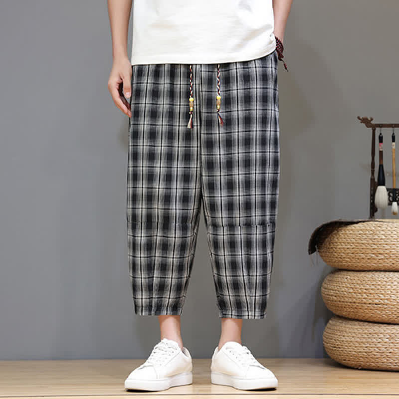 Buddha Stones Lässige Sommer-Caprihose mit Kordelzug und Karomuster, Herren-Haremshose mit Taschen - image 12
