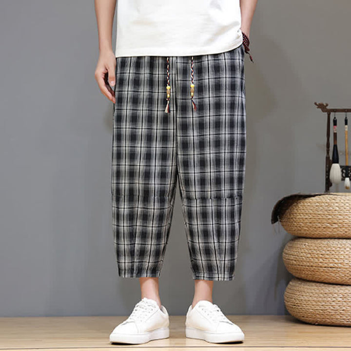Buddha Stones Lässige Sommer-Caprihose mit Kordelzug und Karomuster, Herren-Haremshose mit Taschen - image 12