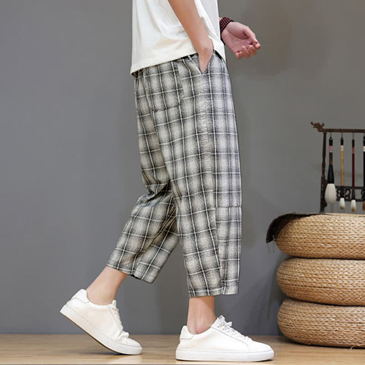 Buddha Stones Lässige Sommer-Caprihose mit Kordelzug und Karomuster, Herren-Haremshose mit Taschen - image 25