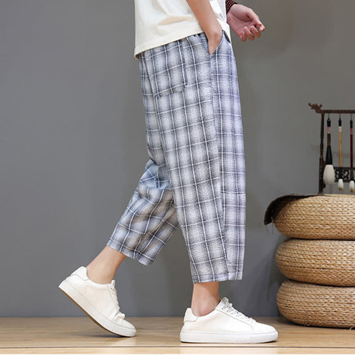 Buddha Stones Lässige Sommer-Caprihose mit Kordelzug und Karomuster, Herren-Haremshose mit Taschen - image 3