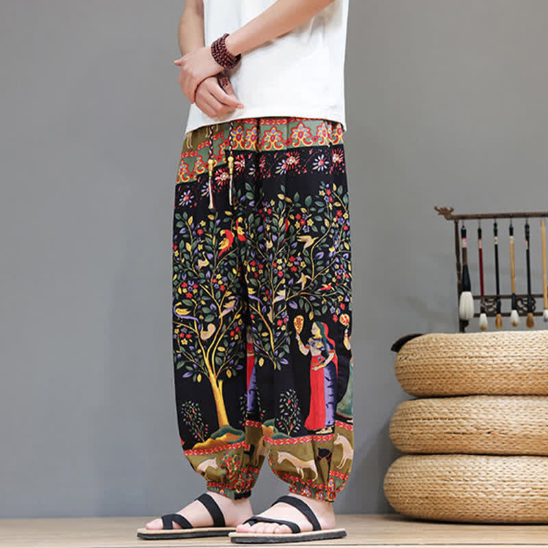 Buddha Stones Lässige Sommer-Boho-Haremshose mit Kordelzug, geometrischem Elefantenblattmuster und Taschen für Herren - image 35