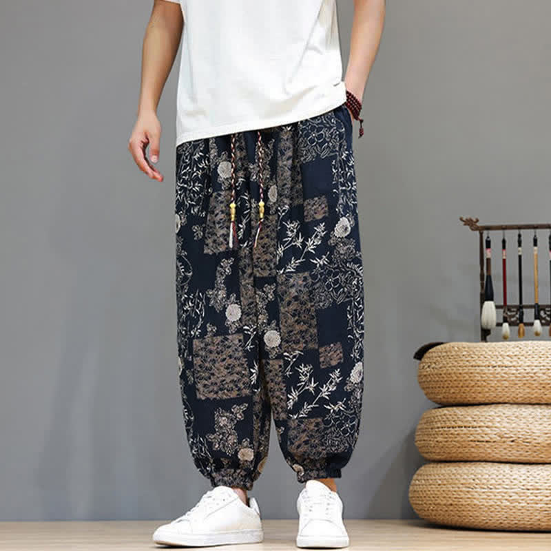 Buddha Stones Lässige Sommer-Boho-Haremshose mit Kordelzug, geometrischem Elefantenblattmuster und Taschen für Herren - image 13