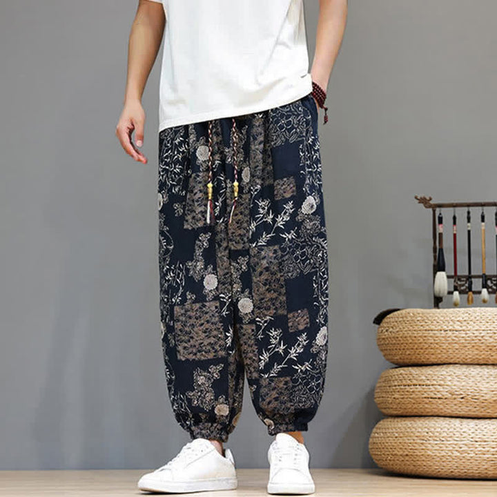 Buddha Stones Lässige Sommer-Boho-Haremshose mit Kordelzug, geometrischem Elefantenblattmuster und Taschen für Herren - image 13
