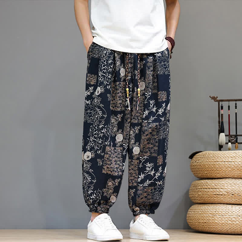 Buddha Stones Lässige Sommer-Boho-Haremshose mit Kordelzug, geometrischem Elefantenblattmuster und Taschen für Herren - image 12