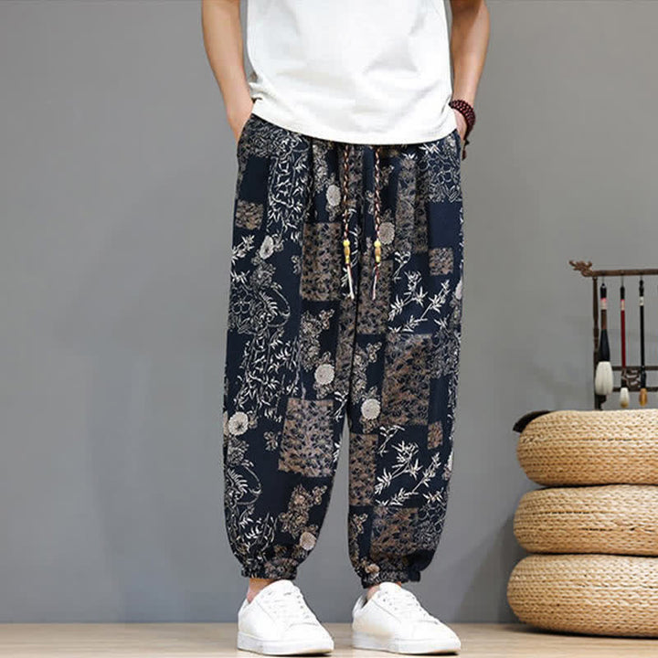 Buddha Stones Lässige Sommer-Boho-Haremshose mit Kordelzug, geometrischem Elefantenblattmuster und Taschen für Herren - image 12