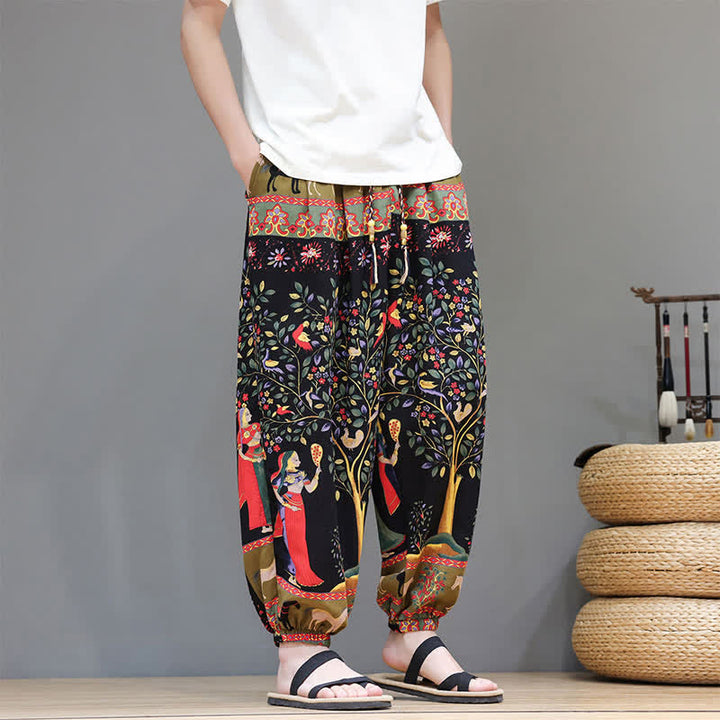 Buddha Stones Lässige Sommer-Boho-Haremshose mit Kordelzug, geometrischem Elefantenblattmuster und Taschen für Herren - image 31