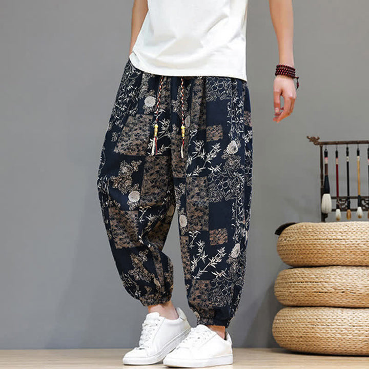 Buddha Stones Lässige Sommer-Boho-Haremshose mit Kordelzug, geometrischem Elefantenblattmuster und Taschen für Herren - image 14