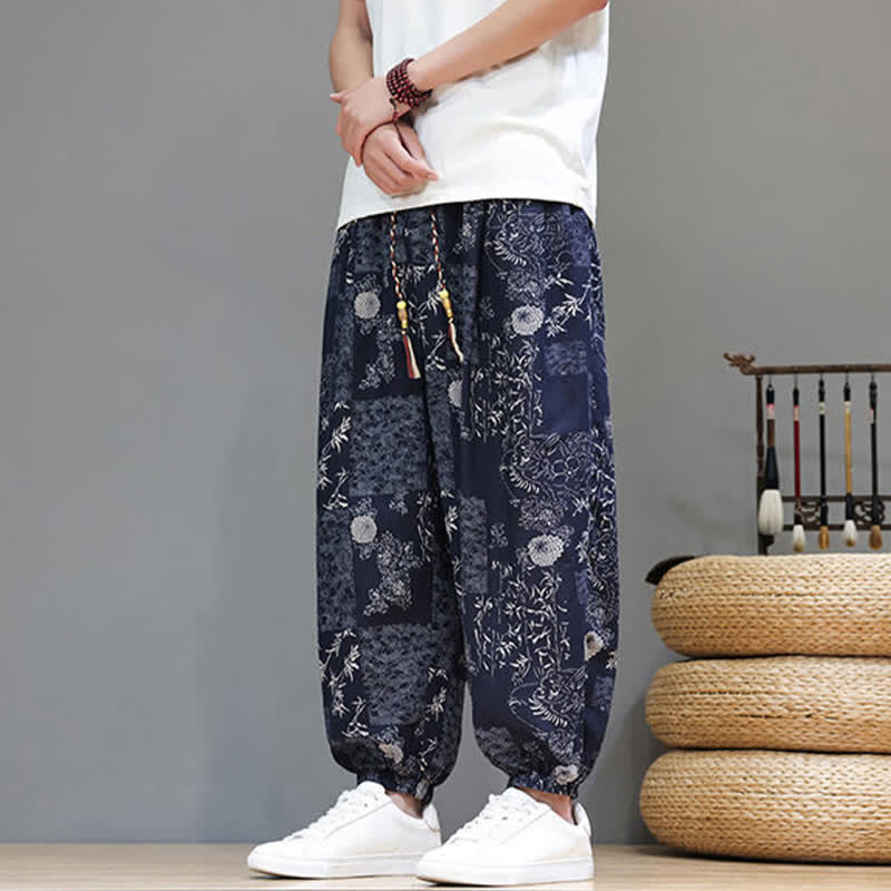 Buddha Stones Lässige Sommer-Boho-Haremshose mit Kordelzug, geometrischem Elefantenblattmuster und Taschen für Herren - image 8