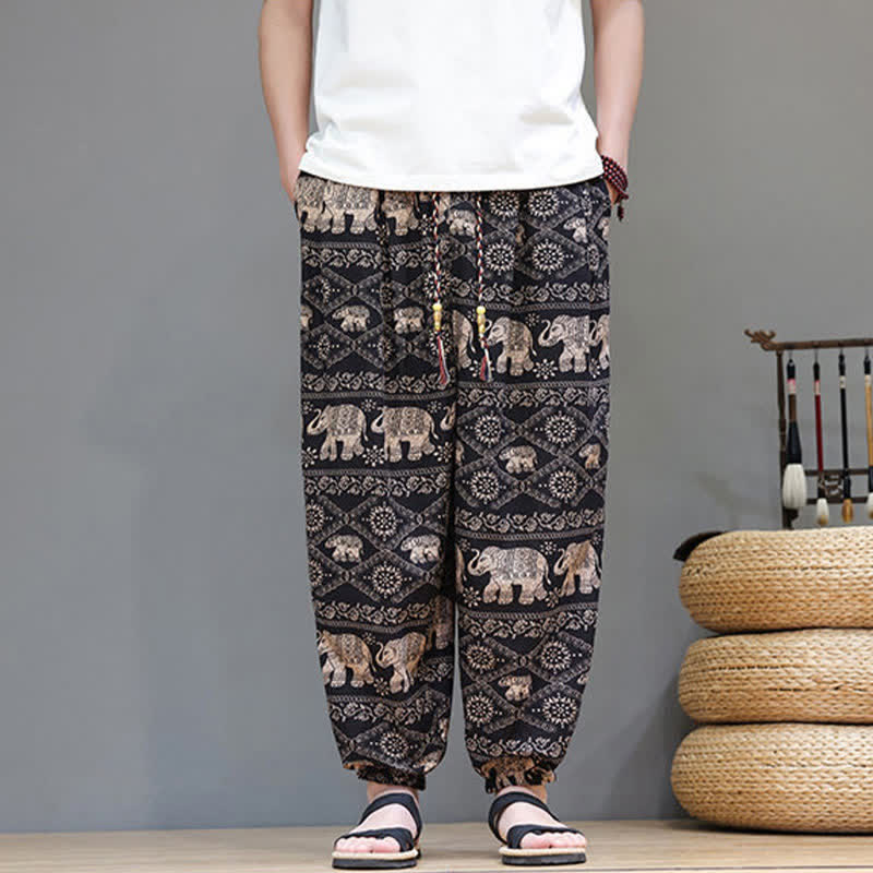 Buddha Stones Lässige Sommer-Boho-Haremshose mit Kordelzug, geometrischem Elefantenblattmuster und Taschen für Herren - image 27