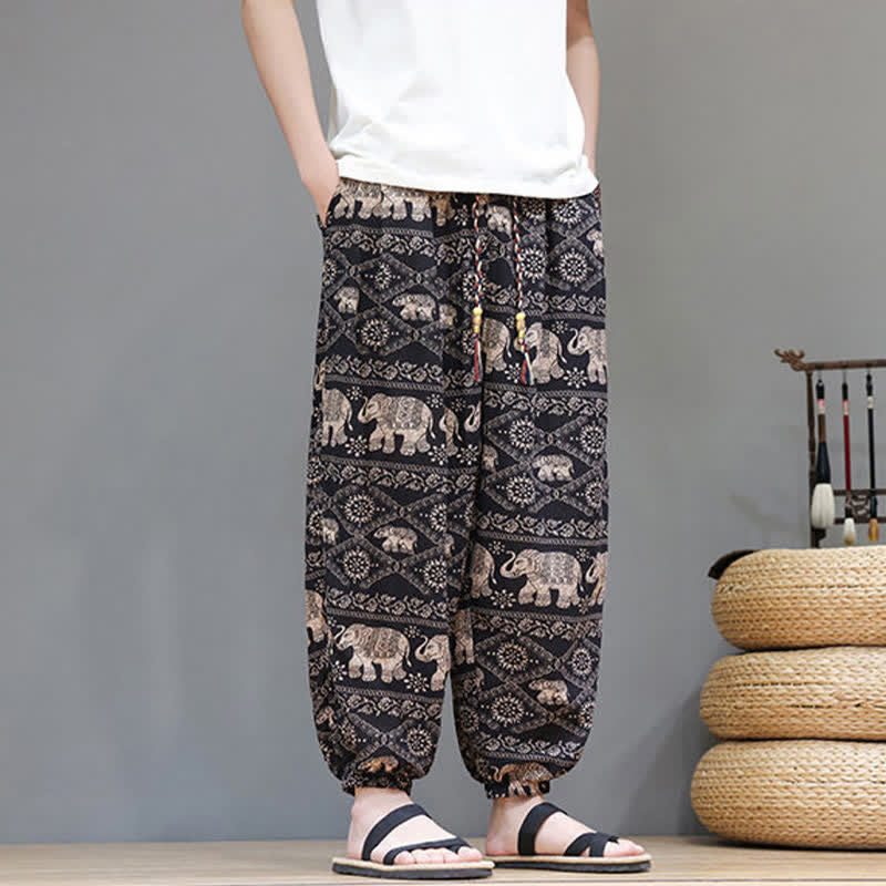 Buddha Stones Lässige Sommer-Boho-Haremshose mit Kordelzug, geometrischem Elefantenblattmuster und Taschen für Herren - image 22