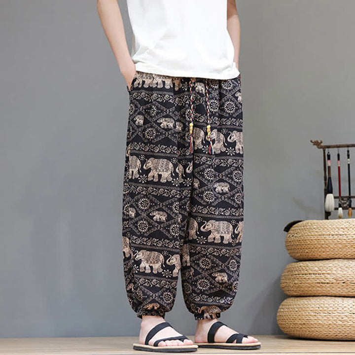 Buddha Stones Lässige Sommer-Boho-Haremshose mit Kordelzug, geometrischem Elefantenblattmuster und Taschen für Herren - image 22