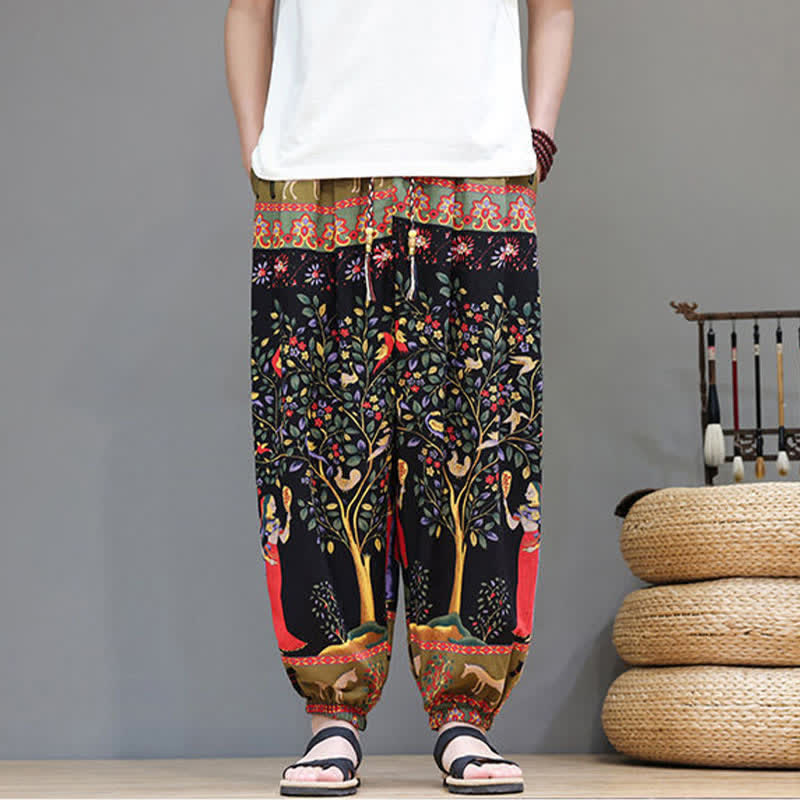 Buddha Stones Lässige Sommer-Boho-Haremshose mit Kordelzug, geometrischem Elefantenblattmuster und Taschen für Herren - Schwarz - US/UK/AU46, EU56 (5XL) - image 30