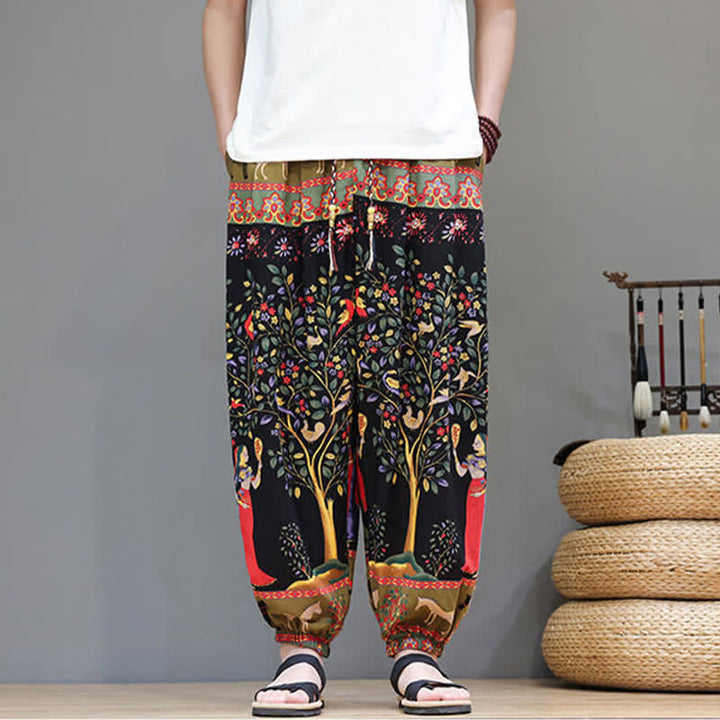 Buddha Stones Lässige Sommer-Boho-Haremshose mit Kordelzug, geometrischem Elefantenblattmuster und Taschen für Herren - Schwarz - US/UK/AU46, EU56 (5XL) - image 30