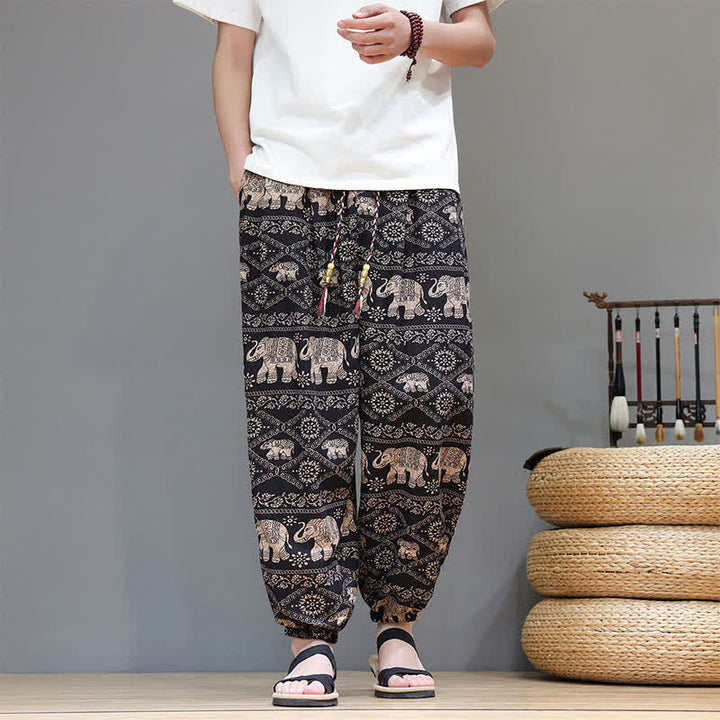 Buddha Stones Lässige Sommer-Boho-Haremshose mit Kordelzug, geometrischem Elefantenblattmuster und Taschen für Herren - Sattelbraun - US/UK/AU46, EU56 (5XL) - image 21