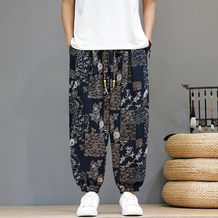 Buddha Stones Lässige Sommer-Boho-Haremshose mit Kordelzug, geometrischem Elefantenblattmuster und Taschen für Herren - image 15