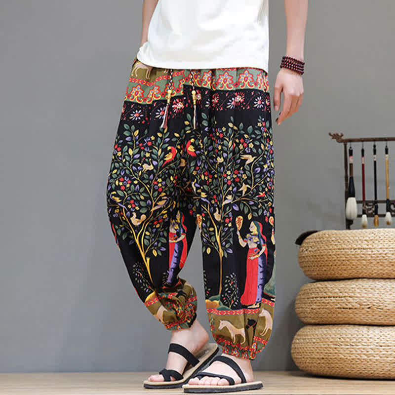 Buddha Stones Lässige Sommer-Boho-Haremshose mit Kordelzug, geometrischem Elefantenblattmuster und Taschen für Herren - image 36