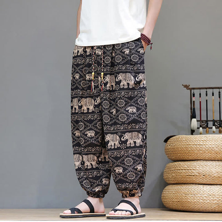 Buddha Stones Lässige Sommer-Boho-Haremshose mit Kordelzug, geometrischem Elefantenblattmuster und Taschen für Herren - image 23