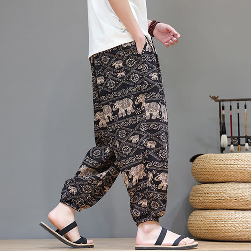 Buddha Stones Lässige Sommer-Boho-Haremshose mit Kordelzug, geometrischem Elefantenblattmuster und Taschen für Herren - image 24