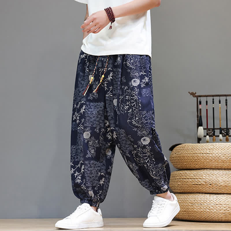 Buddha Stones Lässige Sommer-Boho-Haremshose mit Kordelzug, geometrischem Elefantenblattmuster und Taschen für Herren - Mitternachtsblau - US/UK/AU46, EU56 (5XL) - image 0