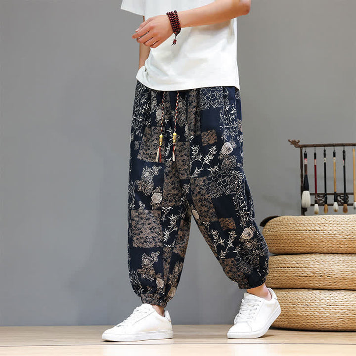 Buddha Stones Lässige Sommer-Boho-Haremshose mit Kordelzug, geometrischem Elefantenblattmuster und Taschen für Herren - SteelBlue - US/UK/AU46, EU56 (5XL) - image 11